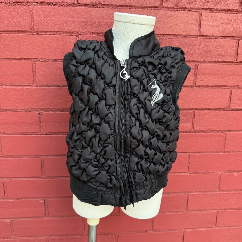 Vtg Y2K Baby Phat Kids Black Puffer Vest Size 4 Full Zip Cat Accent Cute Black